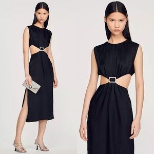 SANDRO Ruched Satin Twill Crystal Embellished Buckle‎ Cutout Waist Midi Dress XS